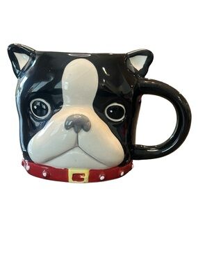 Pier 1  3D French Bulldog Boston Terrier red collar hand painted dolomite mug